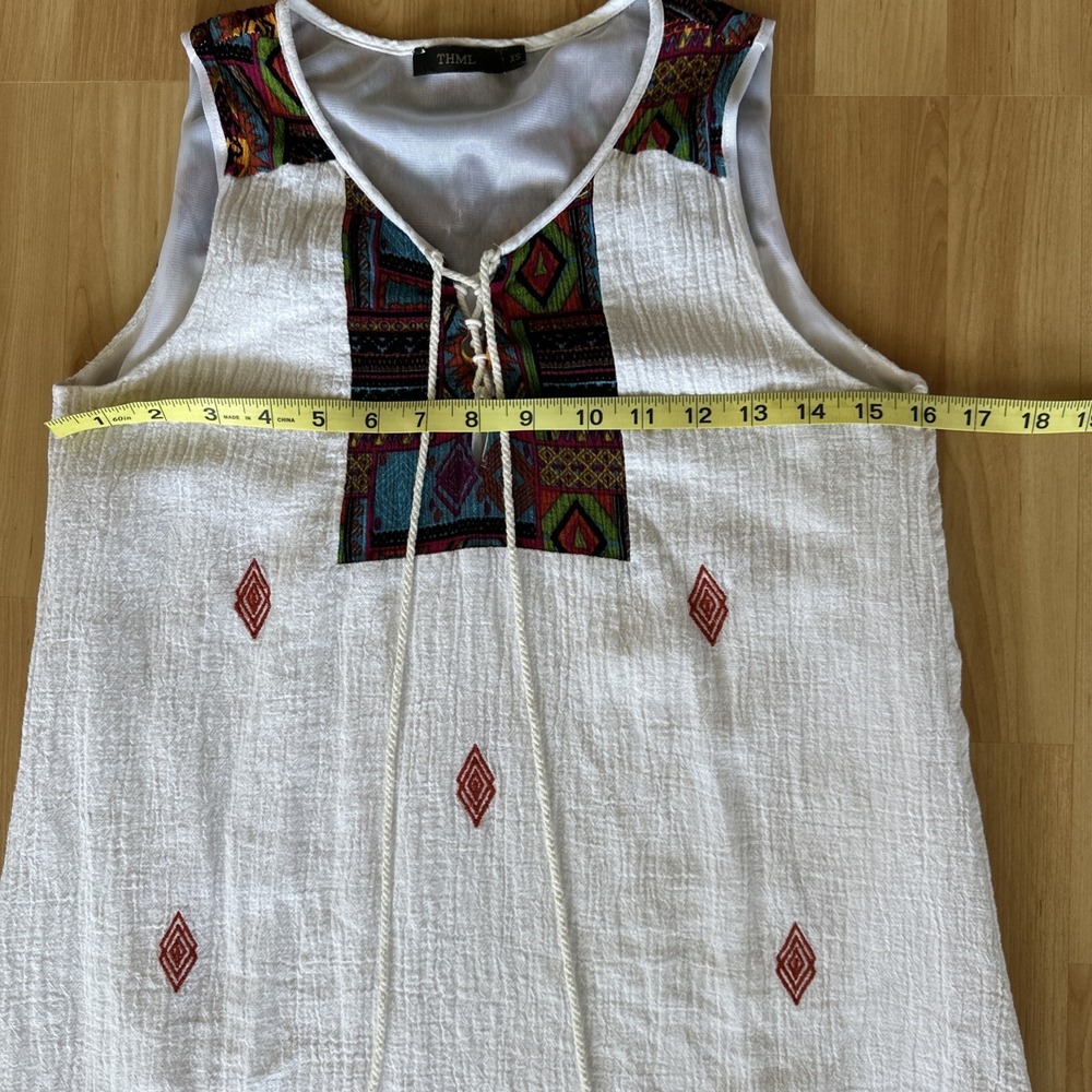 THML XS Women's Santa Fe Sleeveless Lined Mini Dress Cotton & Linen Embroidered - Picture 3 of 13